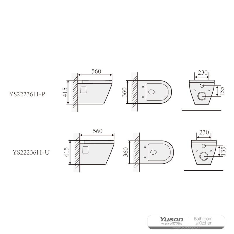 YS22236H Viseći keramički WC, Zidni WC, ispiranje;